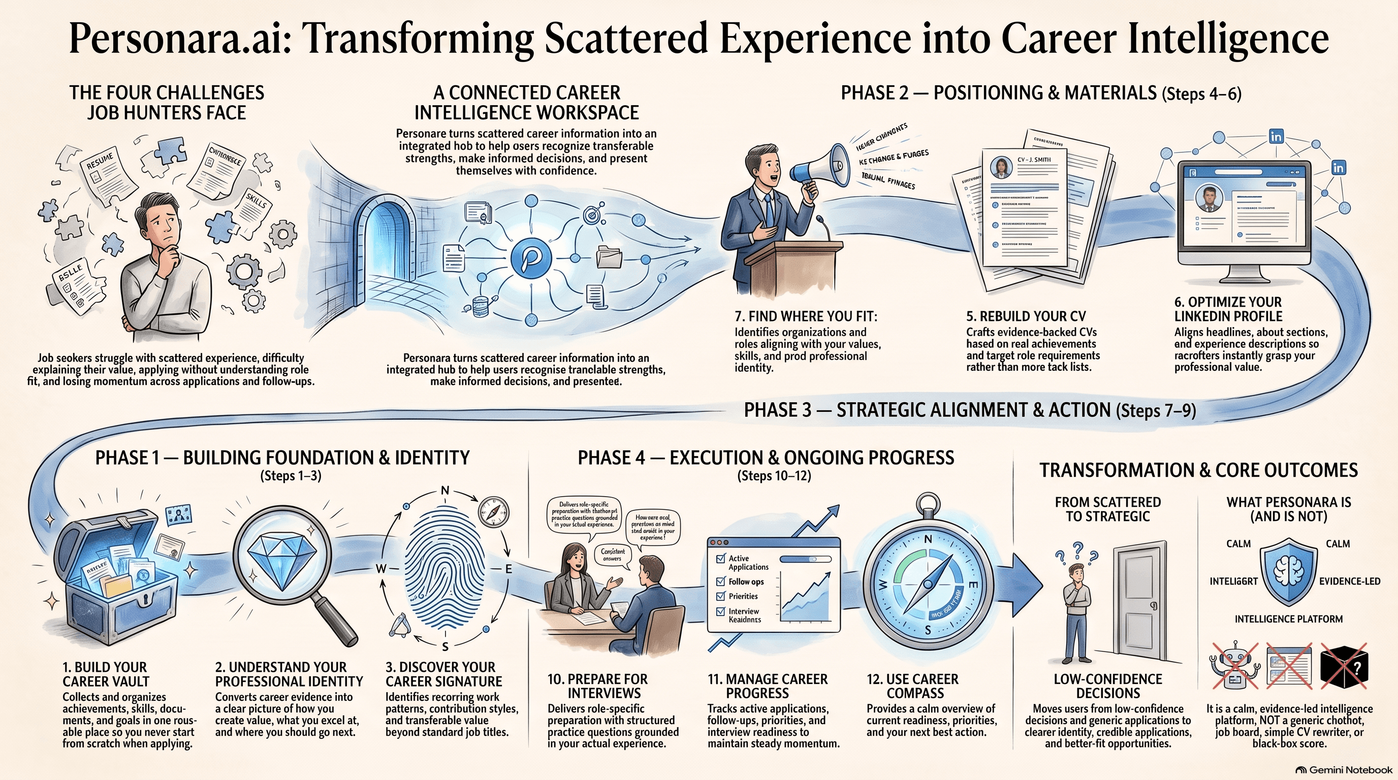 Personara Career Intelligence workflow: bring scattered experience into Career Vault, understand your professional identity, strengthen career materials, align opportunities, prepare for interviews, and track progress.
