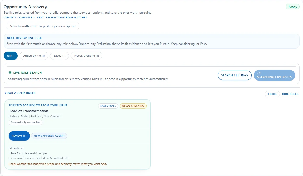 Fictional Opportunity Discovery workspace showing a relevant role to explore