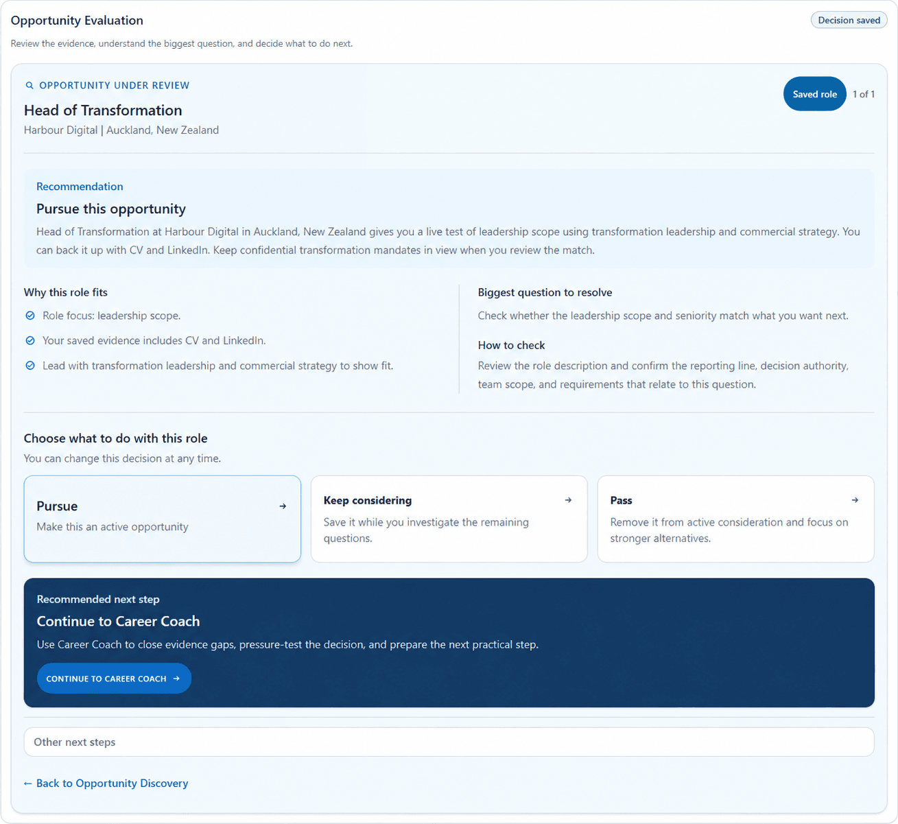 Fictional Opportunity Evaluation showing why a role fits, a question to resolve, and a pursue decision